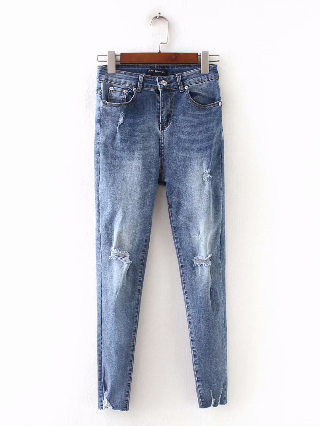 2018秋季女装小脚双膝破洞彩虹屁兜牛仔裤长裤 8016