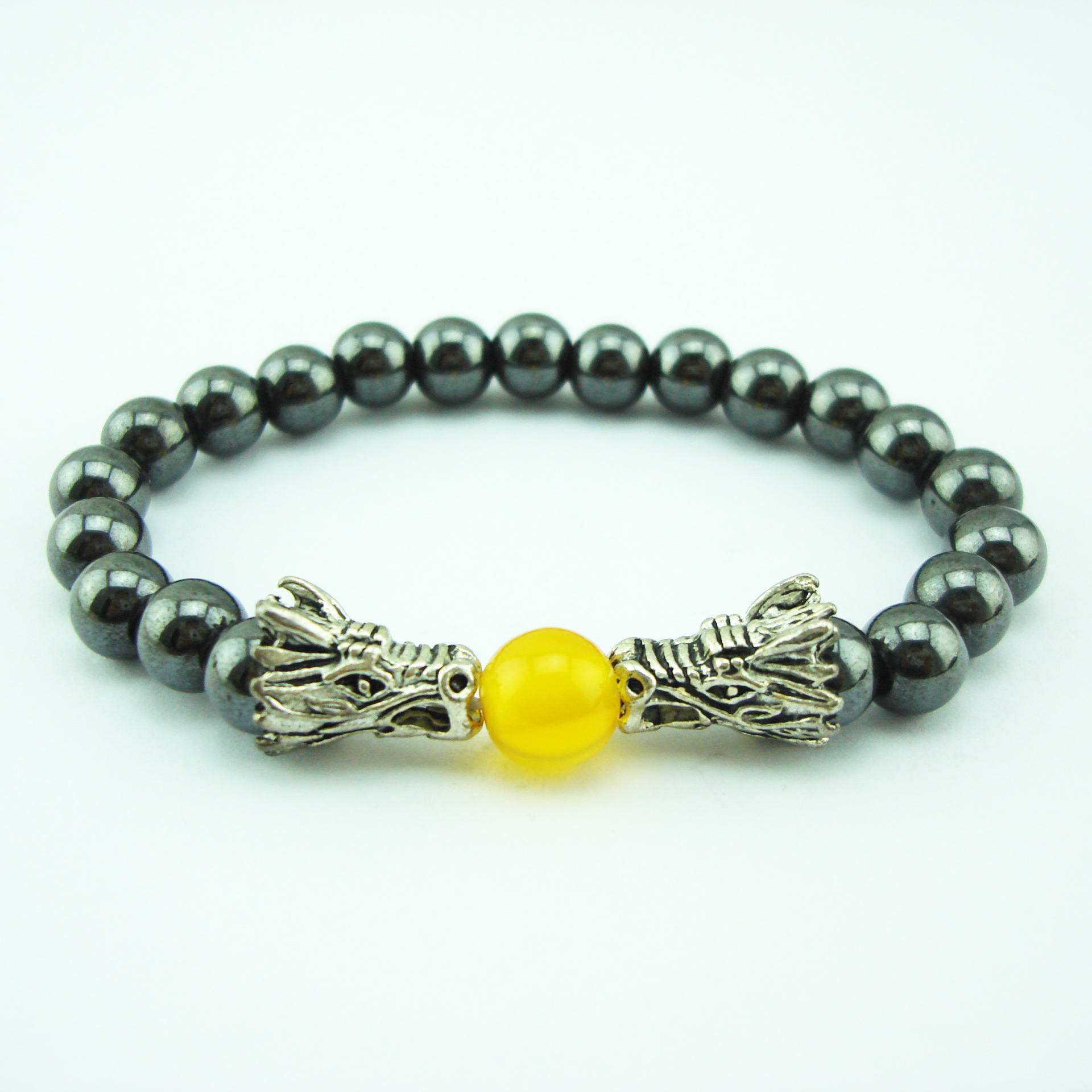 wish跨境热销磁性赤铁矿圆珠手链欧美网红款狮头龙首豹头合金手串