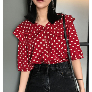 可代发 红色翻领波点衬衫女夏2018新款短袖娃娃衫港风上衣复古