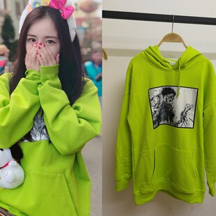 2018秋杨幂微博明星同款果绿色漫画印花刺绣宽松韩版卫衣连帽上衣