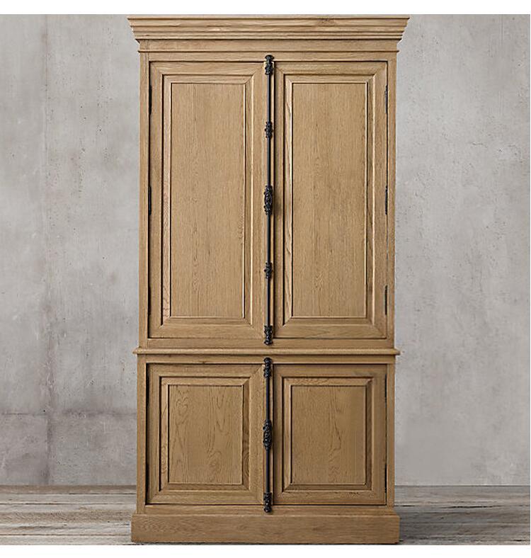 美式乡村橡木衣柜欧式复古做旧原木色四门衣橱衣帽间天地锁储物柜