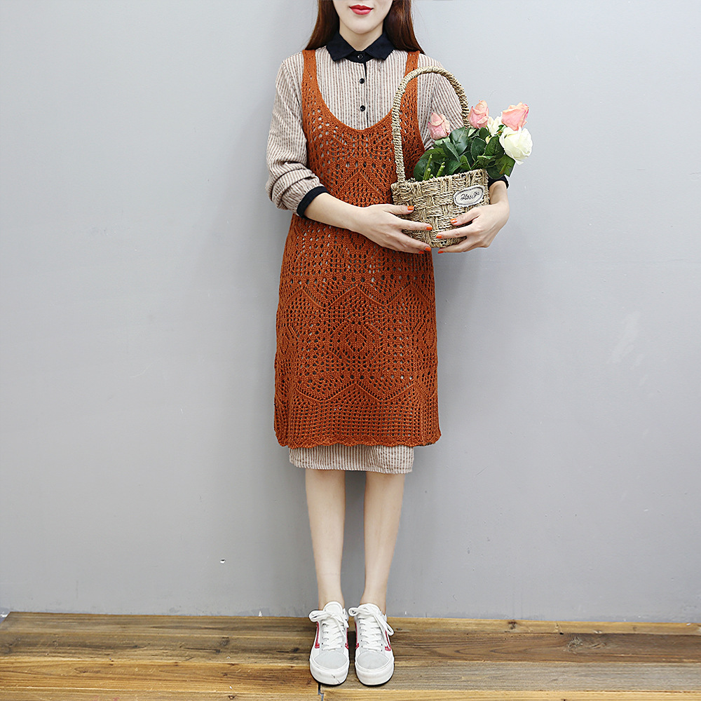 【实拍】百搭清新纯色镂空针织背心裙针织棉线毛女2018秋装a区