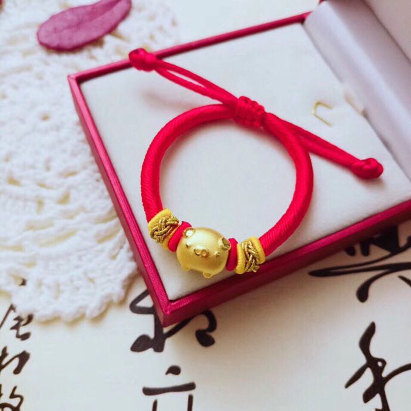 猪年新款3d硬足黄金生肖金猪串珠手绳编织红绳手链生肖猪999黄金