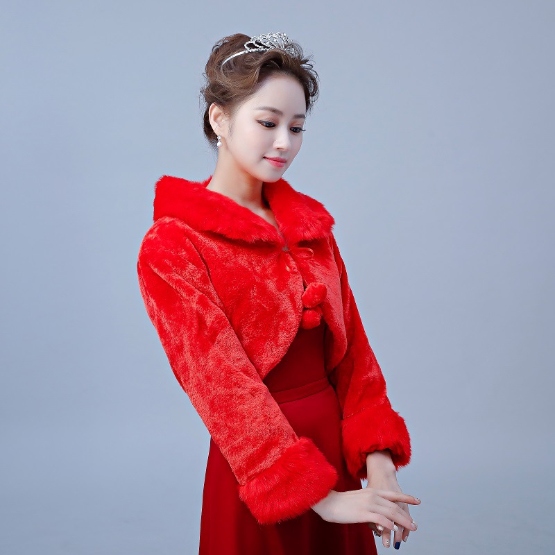 批发毛披肩红色长袖棉袄披风坎肩婚纱礼服配件新娘披肩宴会婚礼女