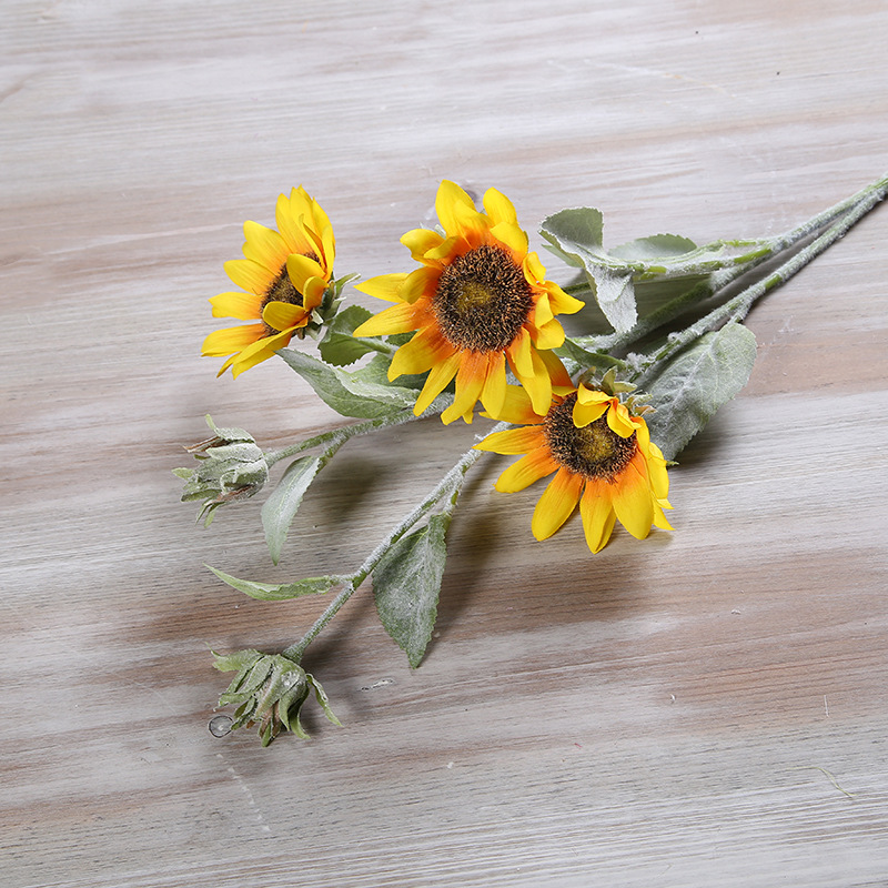 厂家批发单支小3头向日葵家居装饰舞台布景高档装饰假花婚庆家居