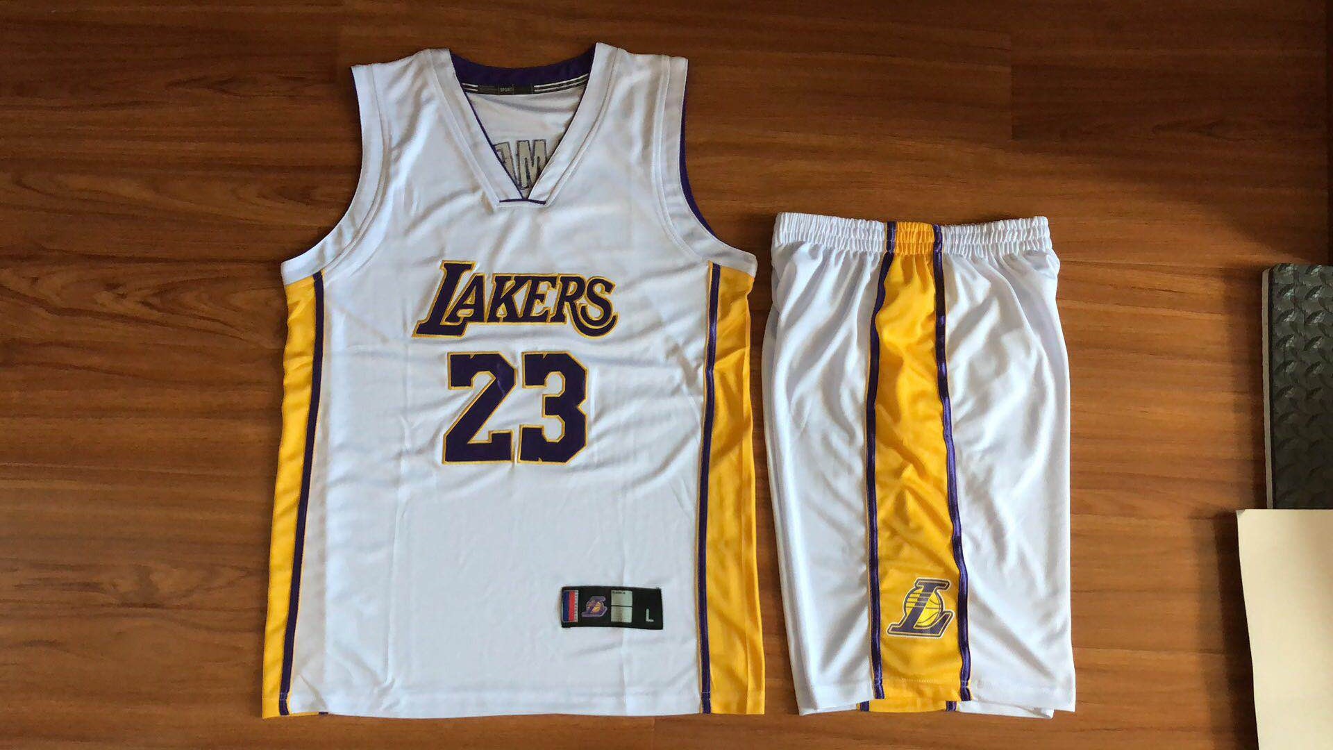 湖人队23号詹姆斯球衣男款透气吸汗刺绣篮球服套装白紫黄色批发