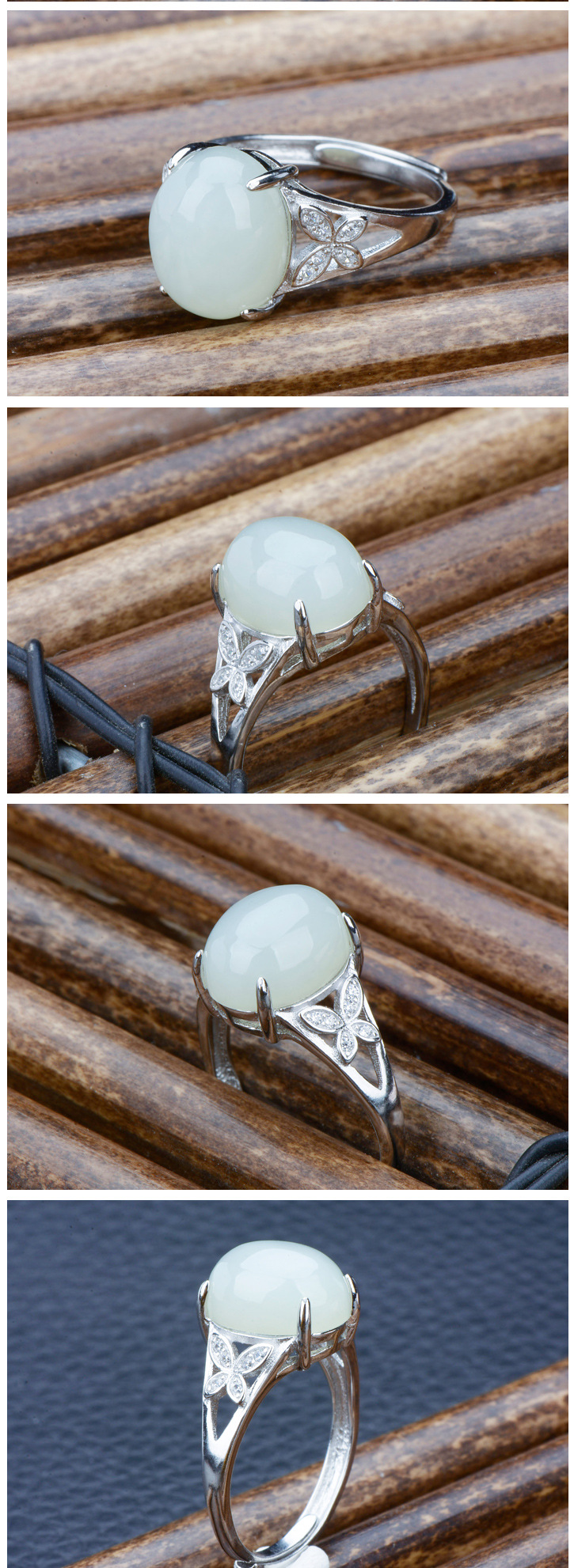 一件代发新疆和田玉白玉s925银镶嵌四叶草清新时尚气质女款玉指环