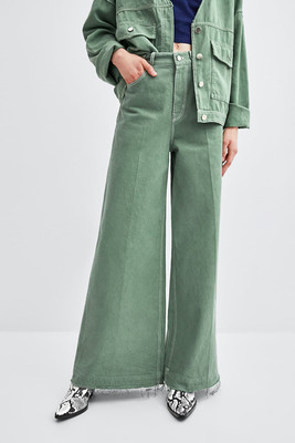 2018春夏新款欧洲站飘逸宽管裤 女士绿色长裤 wdl6059