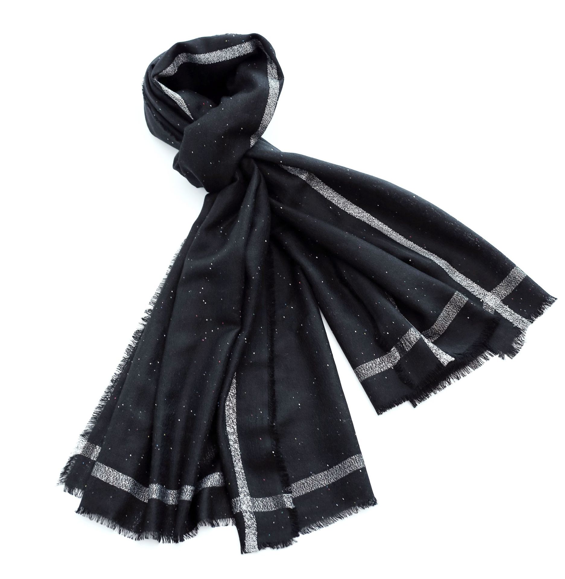 直播爆款璀璨星空 女羊毛羊绒围巾 秋冬轻奢亮片黑色韩版披肩现货