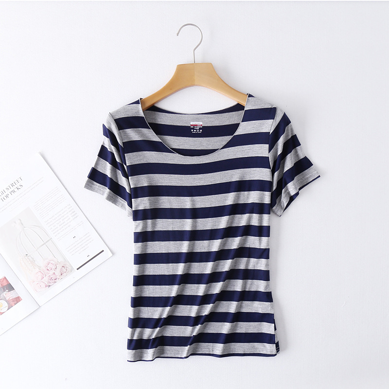 2022 Spring and Summer New Striped T-shirt Female Traceless plus Size Short Sleeve Korean Slim Pullover Bottoming Shirt One Piece Dropshipping
