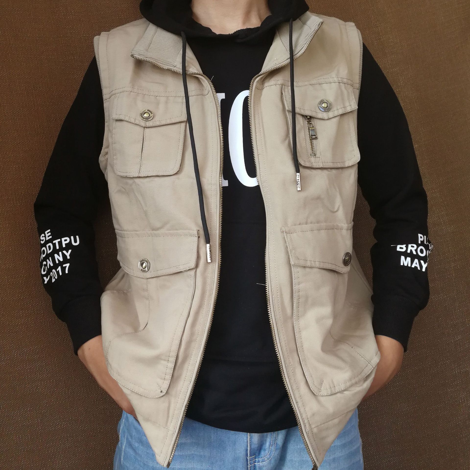 春秋多口袋立领棉布男士马甲摄影钓鱼中老年马夹坎肩