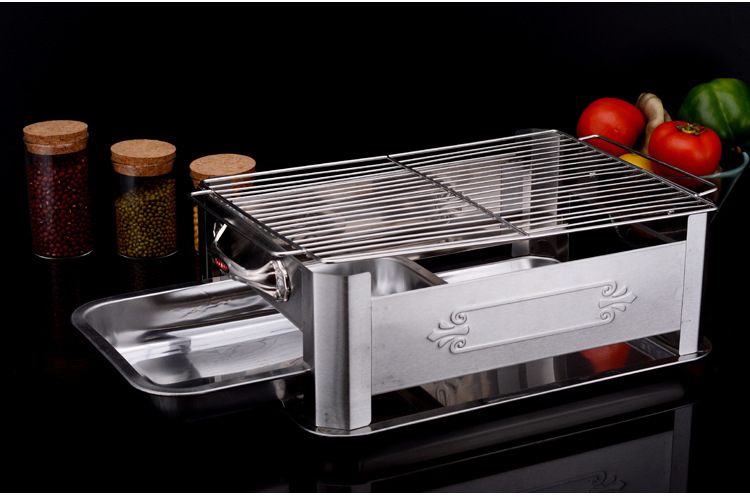 加厚不锈钢烤鱼盘烤鱼炉 木炭酒精烧烤炉烤鱼炉 抽拉式碳烤烤鱼炉