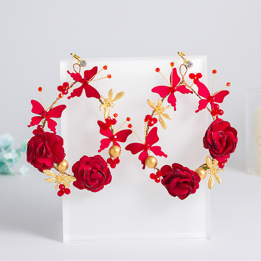 韩国个性显脸瘦的耳环森系红色玫瑰花珍珠耳环婚纱礼服配饰伊甸