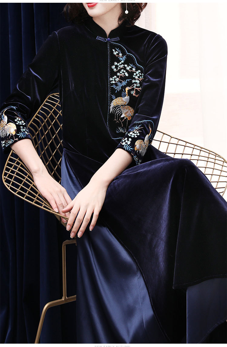 中国风刺绣剪花丝绒改良奥黛假两件旗袍裙货号og99068