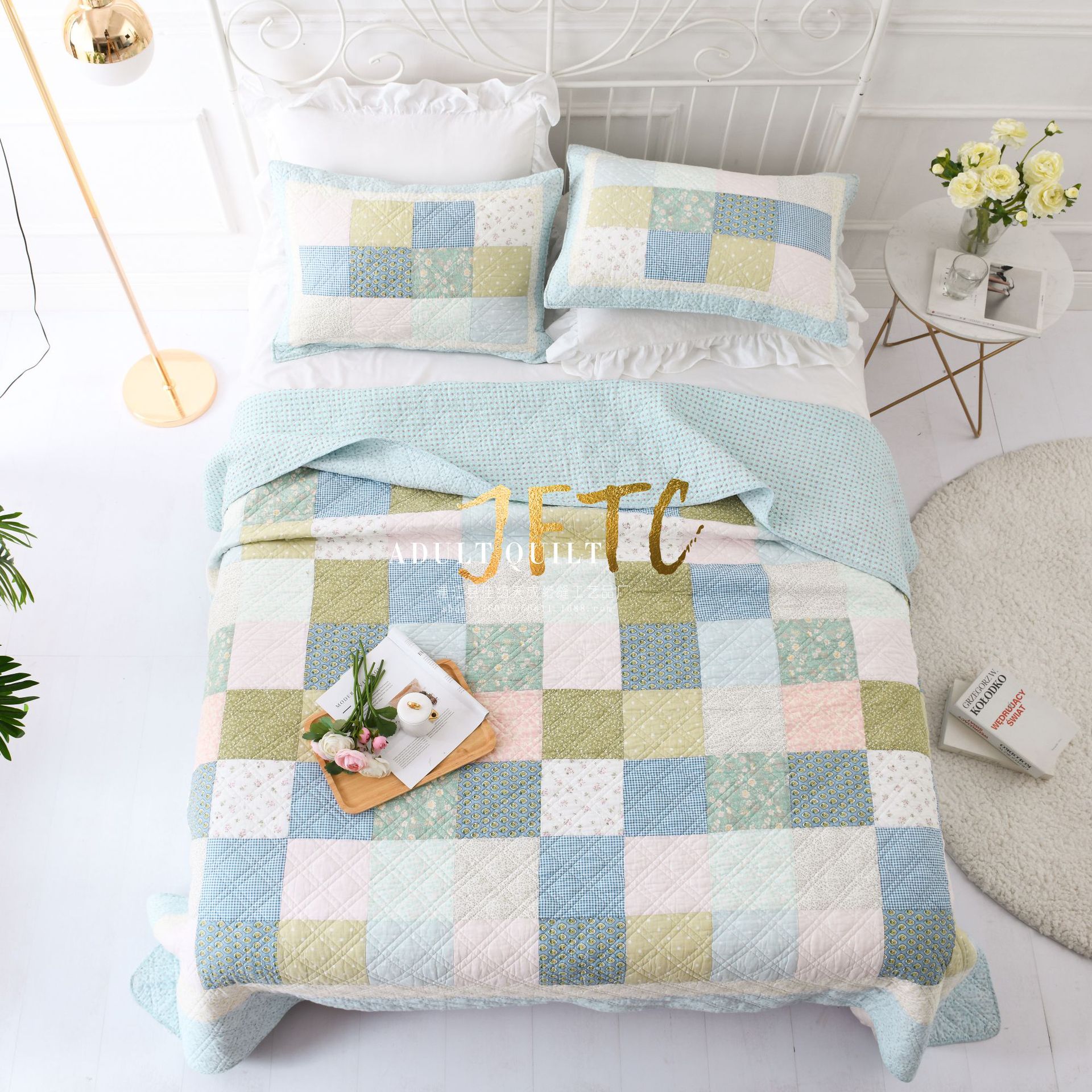 外贸韩国床盖水洗绗缝被手工拼布蓝色系床单拼布空调被床罩三件套