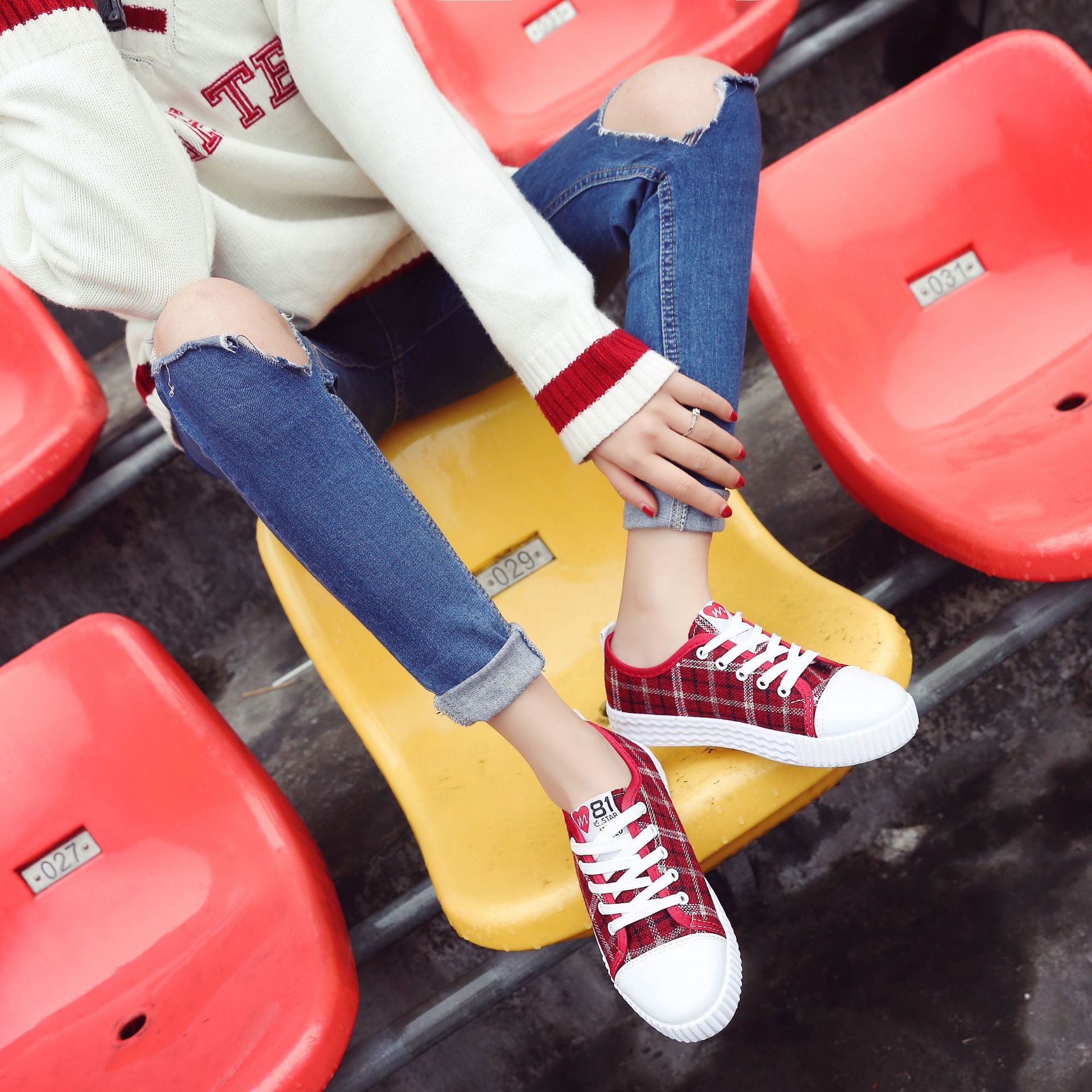 帆布鞋女2018春季新款韩版单鞋百搭学生透气鞋格子布休闲平底鞋潮