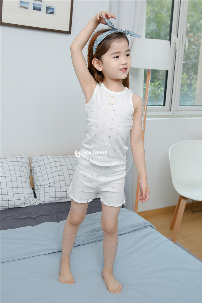 小黑托昵 女童2018春夏新款白色背心家居服纯棉圆领套装工厂直销