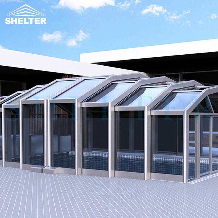 自动伸缩智能泳池盖露台棚出厂价铝合金移动阳光房泳池房露天餐厅