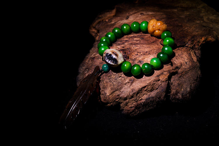 庚午文玩堂天然西藏牦牛骨仿虬角手串绿色秋觉手链民族风首饰男士