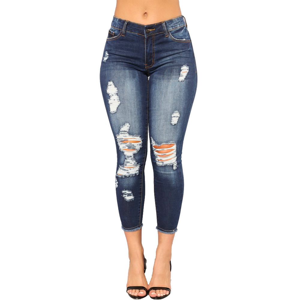 Foreign Trade Women's Clothing Amazon Factory High Elastic Cropped Ripped Women's Skinny Skinny Hip Raise Fashion Jeans