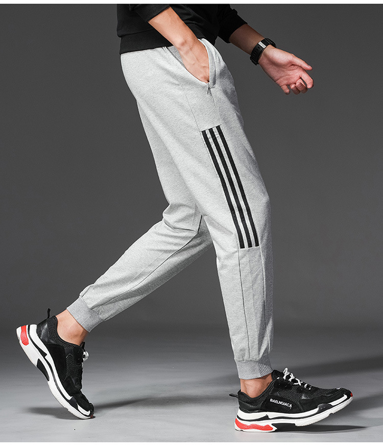 2019春夏季三条杠纯棉运动裤男条纹休闲长裤青少年九分束脚卫裤潮