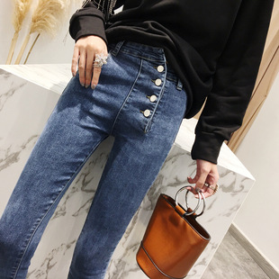 明星同款女牛仔裤女侧排纽扣紧身弹力高腰显瘦2018秋季新款
