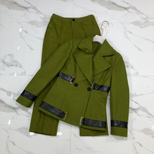 上新2018女装休闲套装高端定制早秋新款绿色毛呢修身西装长裤套装
