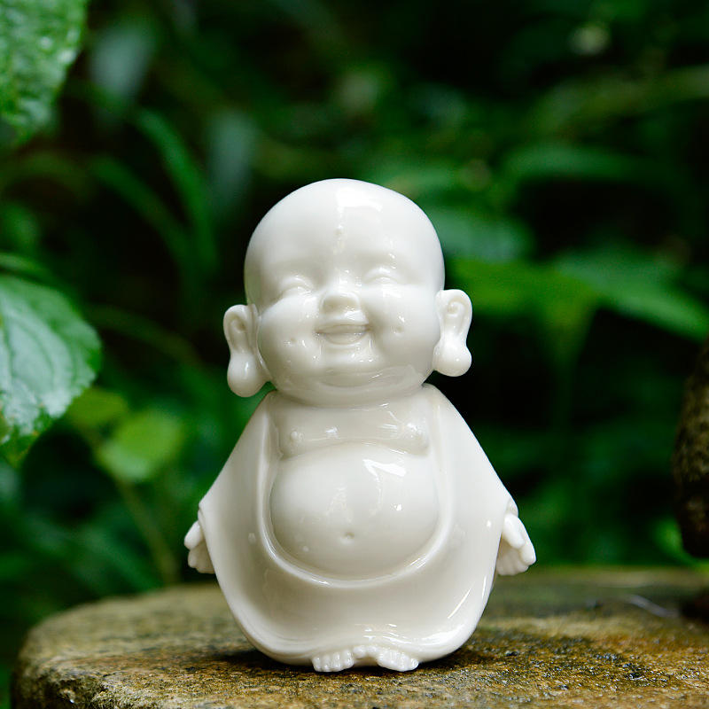 新中式创意茶宠德化白瓷禅意摆件创意陶瓷工艺品小和尚摆件弥勒佛