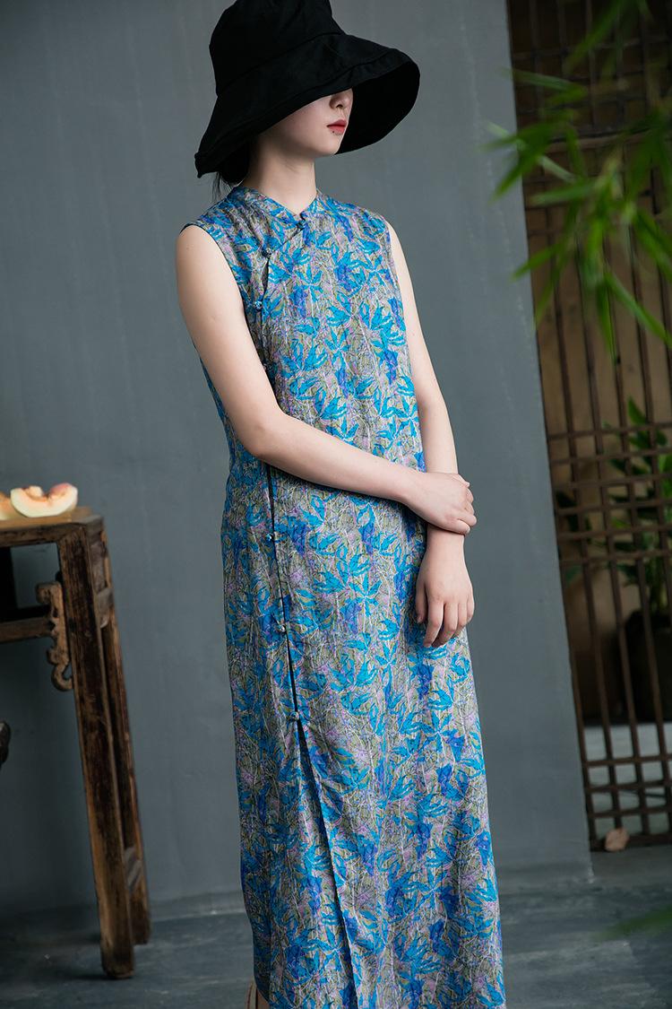 有山夏季清凉薄苎麻 立领斜门襟盘扣改良式旗袍连衣裙 80611