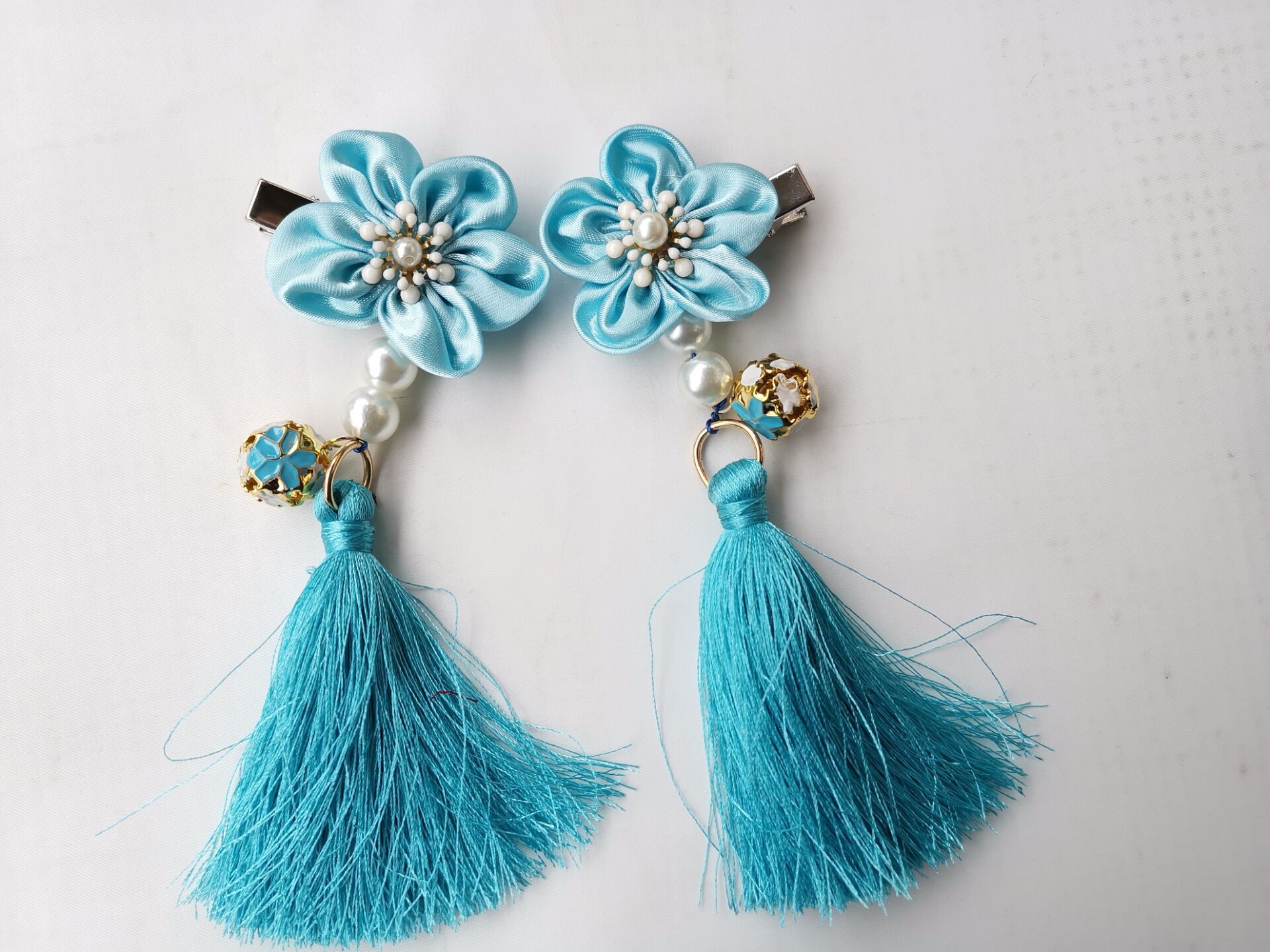 和服唐装旗袍女童儿童过年头饰宝宝新年红色花朵流苏日式发夹边夹