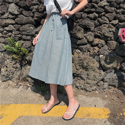 实拍复古日系条纹中长款半身裙文艺范a字裙子620421