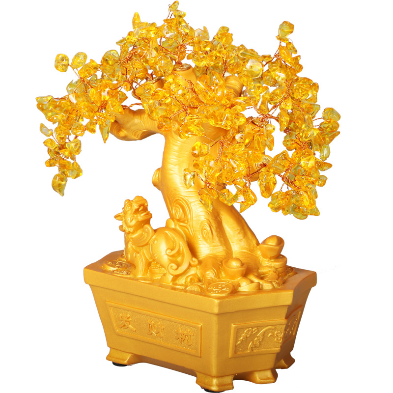 水晶招财树脂摆件发财树客厅风水摆设办公室开业乔迁礼品工厂批发