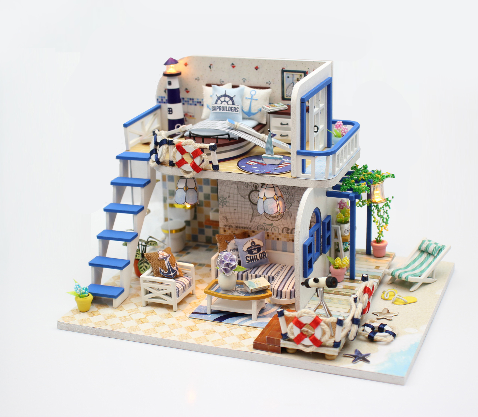 弘达diy小屋浅蓝海岸 粉黛阁楼 手工拼装模型娃娃屋 创意礼品