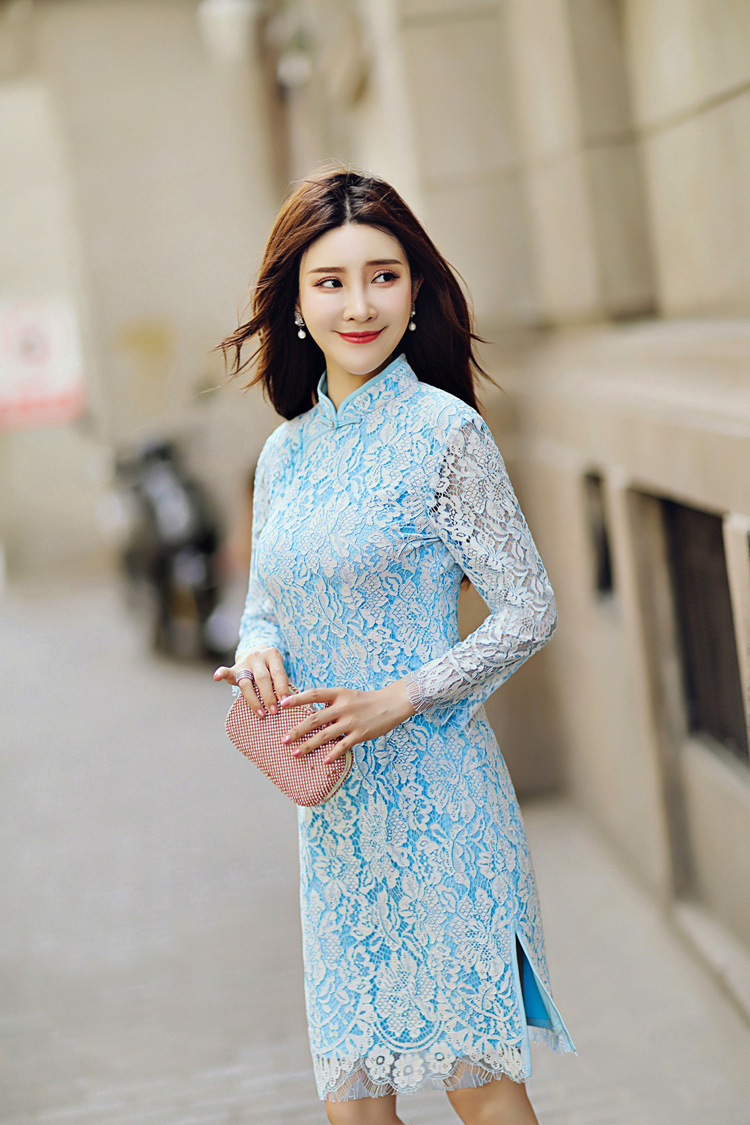 浅蓝唯美文艺盘扣唐装旗袍裙 改良时尚长袖修身蕾丝中式立领旗袍