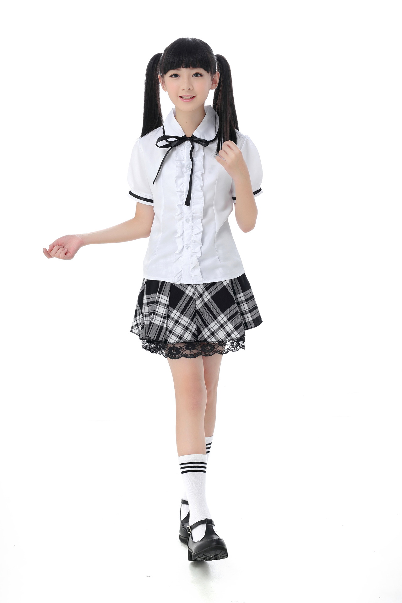 白色分体英伦格子裙校服专业演出合唱服 黑白大格