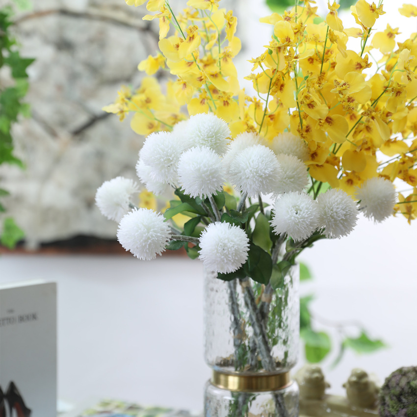 仿真花塑胶毛毛球配花 假花家居装饰花束 绒花刺球乒乓菊7682