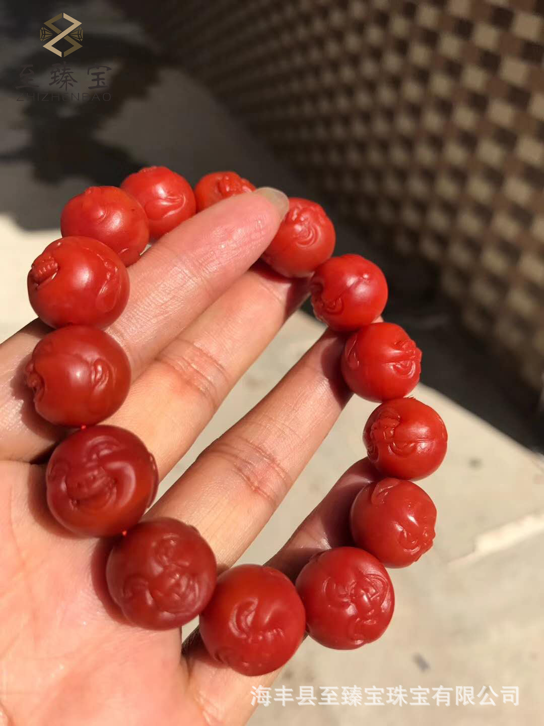 收藏级保山南红手串 天然保山南红辣椒红雕刻笑佛手串 满肉柿子红