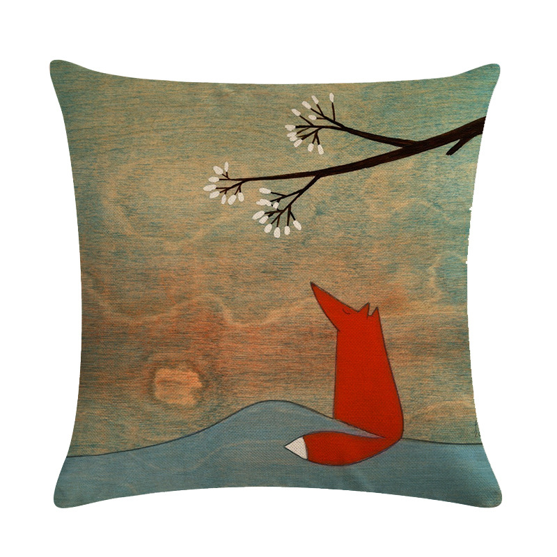 跨境专供红色小狐狸列亚麻抱枕套靠垫套速卖通亚马逊eabyi802