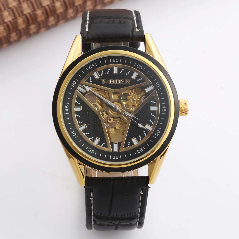 tgoer高尔男士手表简约风格全自动机械皮表带防水商务男腕表