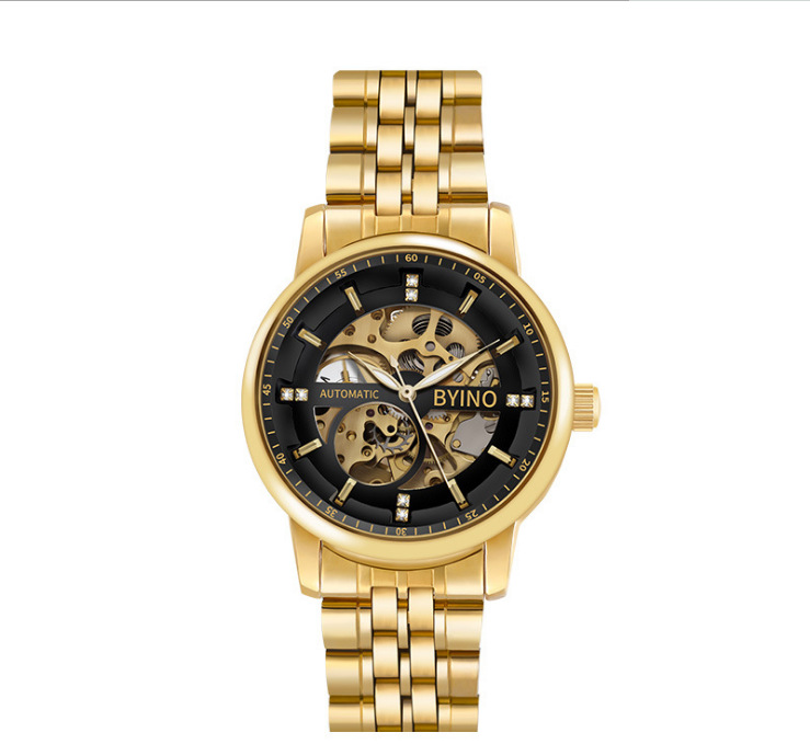 工厂贝伊诺byino镂空自动机械钢带表皮带表男表商务8777