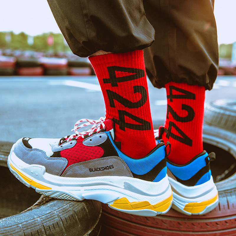 424袜子男潮高帮韩版夏季棉长袜潮街头欧美个性嘻哈长筒滑板袜