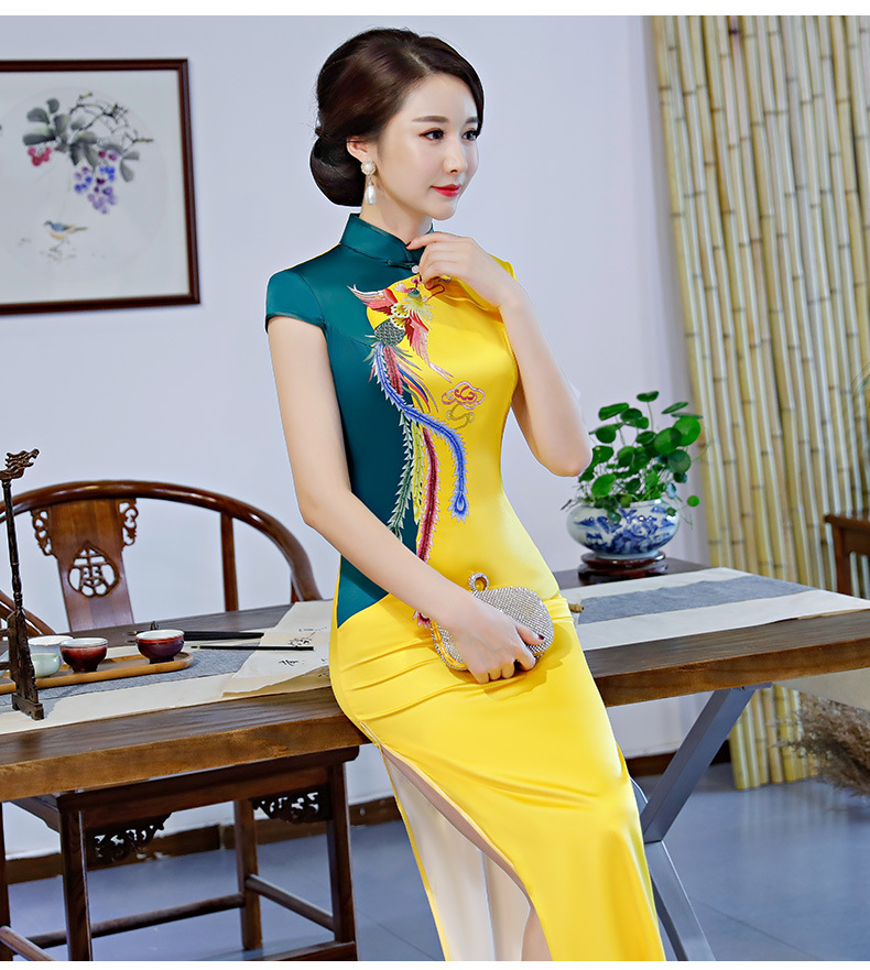 gsj 9317 长款旗袍仿丝带内衬高贵凤凰旗袍