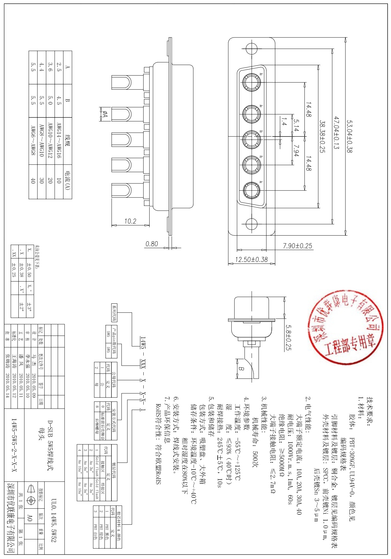 矩形大电流d-sub 5w5焊线式母座 db型5w5母头连接器 5芯母端子