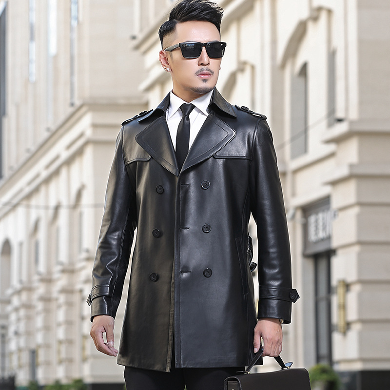 海宁真皮皮衣男双排扣中长款翻领风衣绵羊皮男士韩版机车大衣秋冬