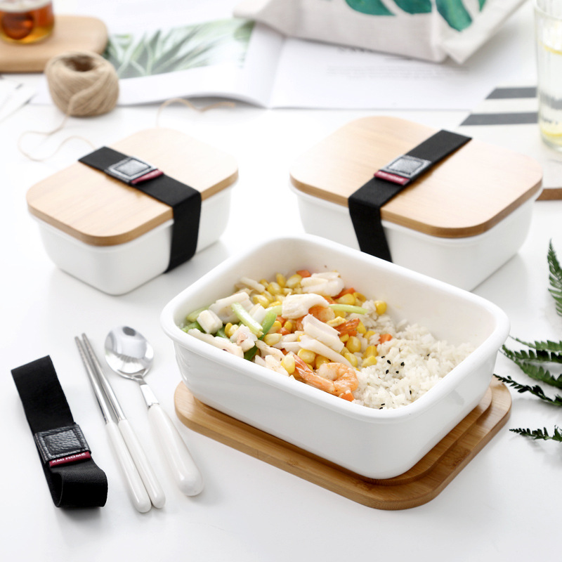 Ceramic Japanese-Style Rectangular Crisper Freshness Bowl Refrigerator Storage Box Fruit Container Microwave Bento Box Lunch Box with Lid