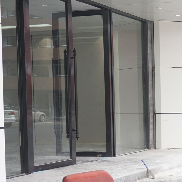 深圳定制商铺钢化玻璃门制作灰色铝合金双平开门加工地弹玻璃门