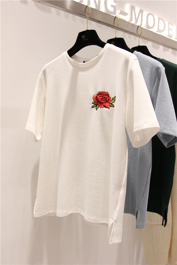 短袖t恤刺绣玫瑰上衣情侣装绣花百搭复古韩国9.9包邮