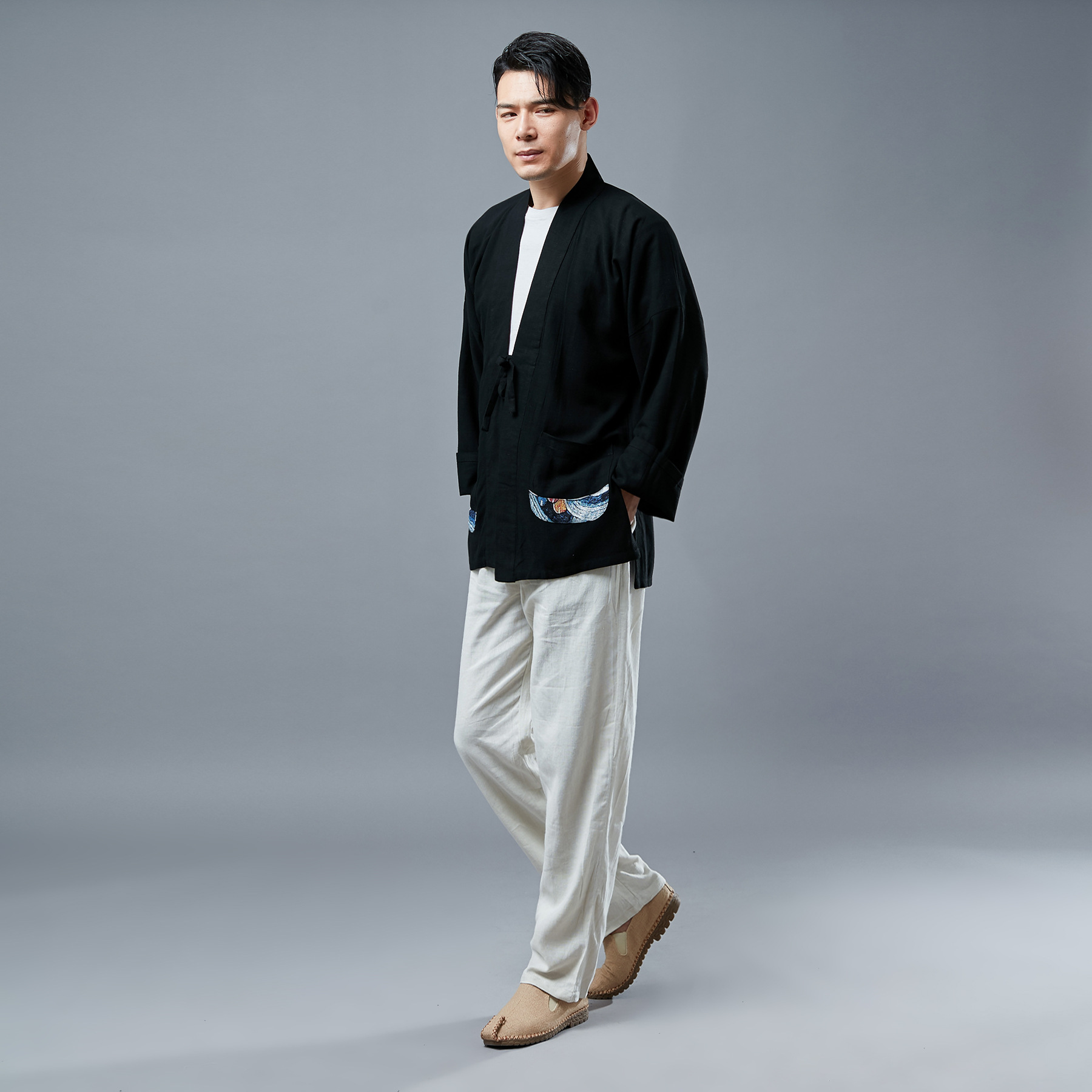 新款中式唐装汉服夏装男亚麻v领长袖休闲民族风汉服衬衫批发