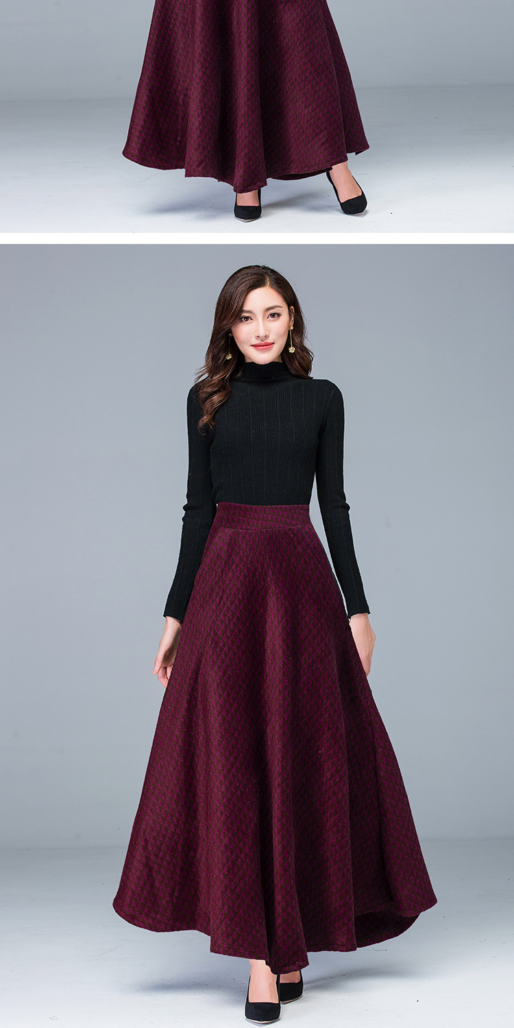 2018秋冬新款毛呢格子半身裙长裙女高腰千鸟格大摆裙子长款