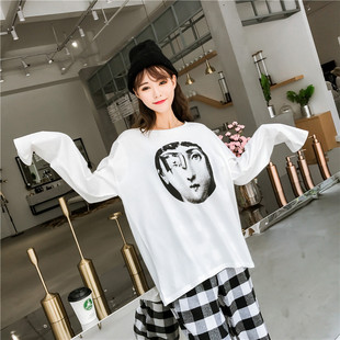 批发2018秋装新款韩版简约头像圆领宽松女士长袖t恤女上衣女装